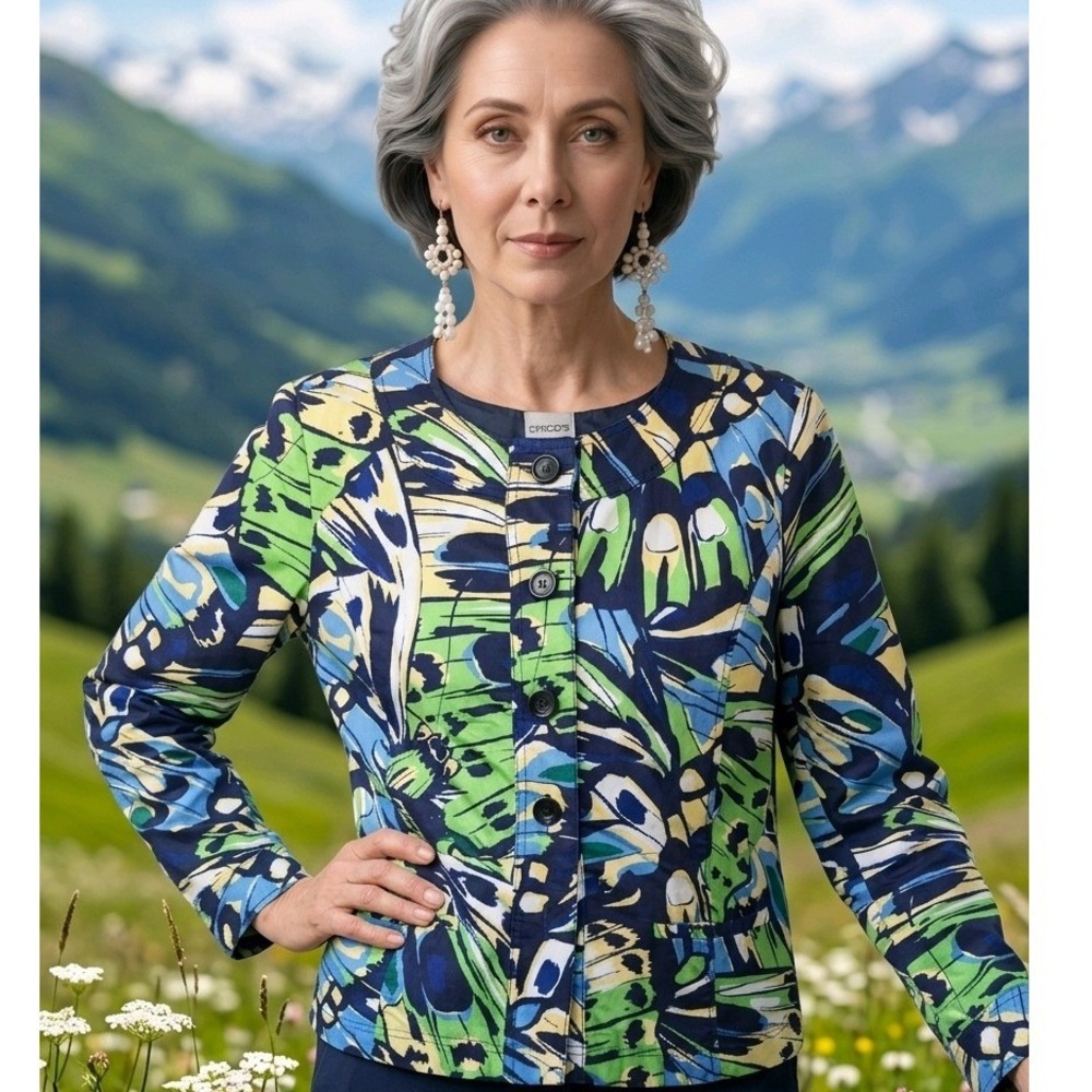 Chico's 1 Butterfly Print Button Front Jacket Blue Green Yellow Medium NWOT